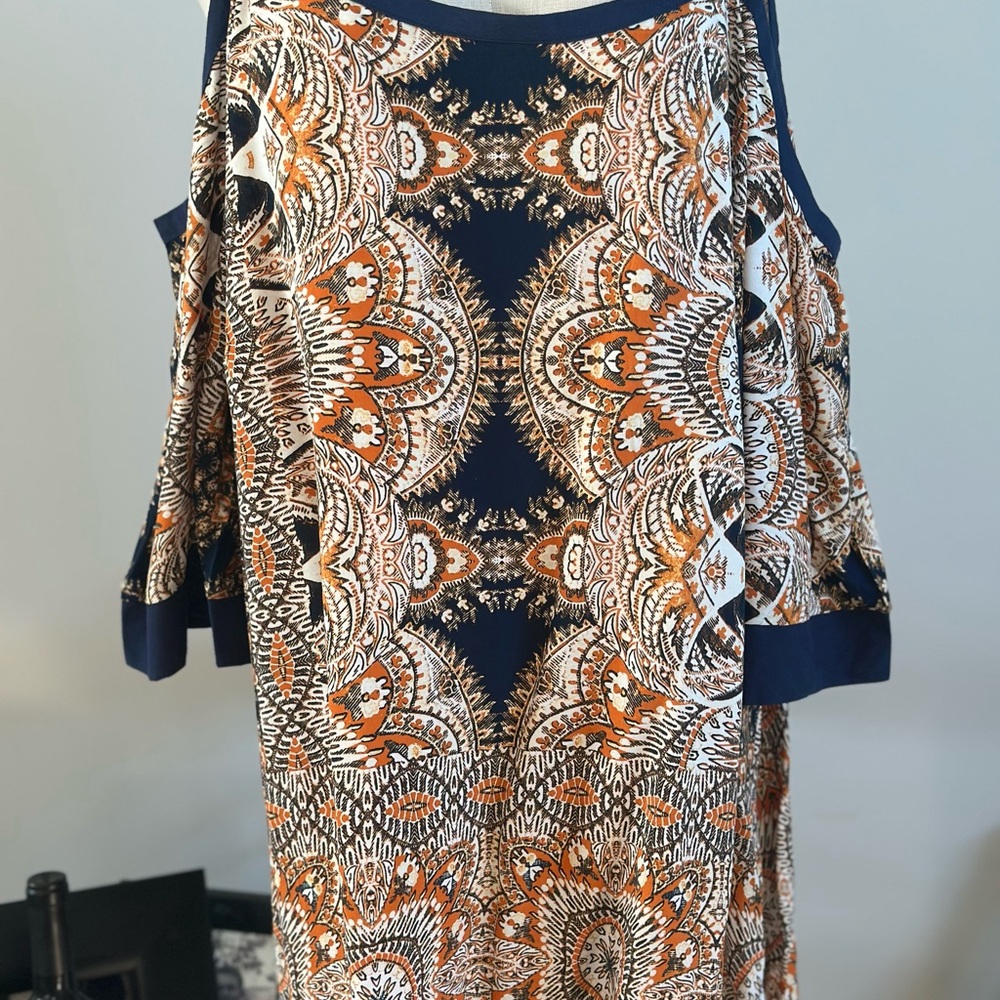 Elegant Navy and Orange Patterned  Blouse